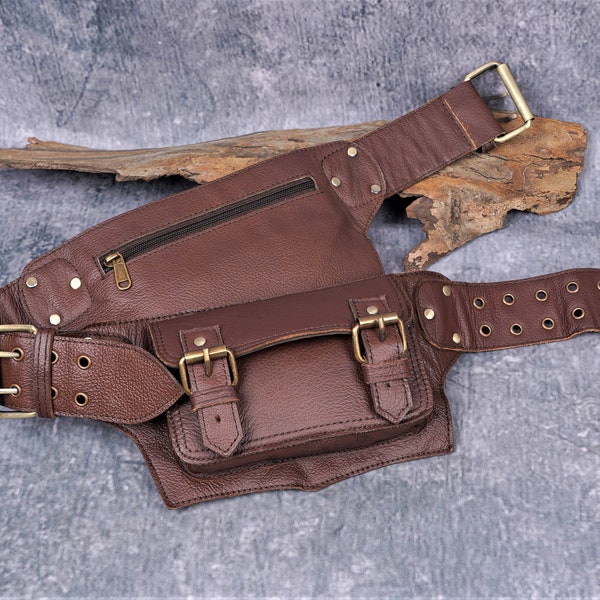 Handmade Leather Two pocket Waist Belt Bag, Hip Belt Pouch for Men and Women, Festival Fanny Pack, Gift for her