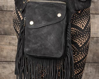 Black Leather Fringe Belt Bag – Handmade Boho Waist Pouch – Festival Utility Fanny Pack