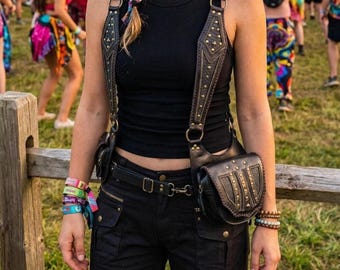 Handmade Leather Double Hip Bag Harness with Antique Brass Studs and Labradorite Stone Boho Festival Utility Holster