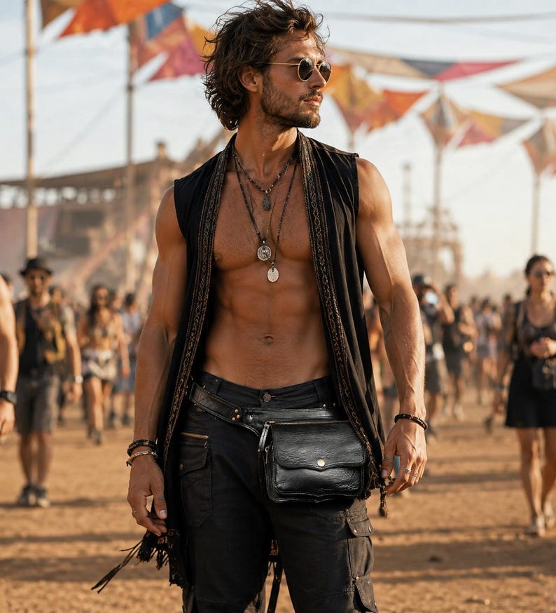 Full layout of brown leather hip bag displaying zippered storage compartment, reinforced hand-stitching, and adjustable waist belt for men and women