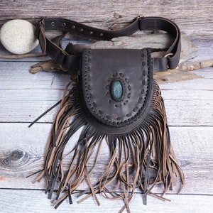 Handmade Leather Waist Bag with Adjustable Belt, Festival Fanny Pack, Leather Hip Bag with gemstone, Gift for her