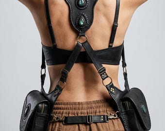 Handcrafted Black Leather Holster Bag, Labradorite Gemstone Hand-Laced, Dual Bag Burning Man Gear