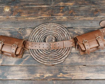 Genuine Leather Utility Belt with Dual Pouches, Adjustable Hip Harness, Boho Accessory