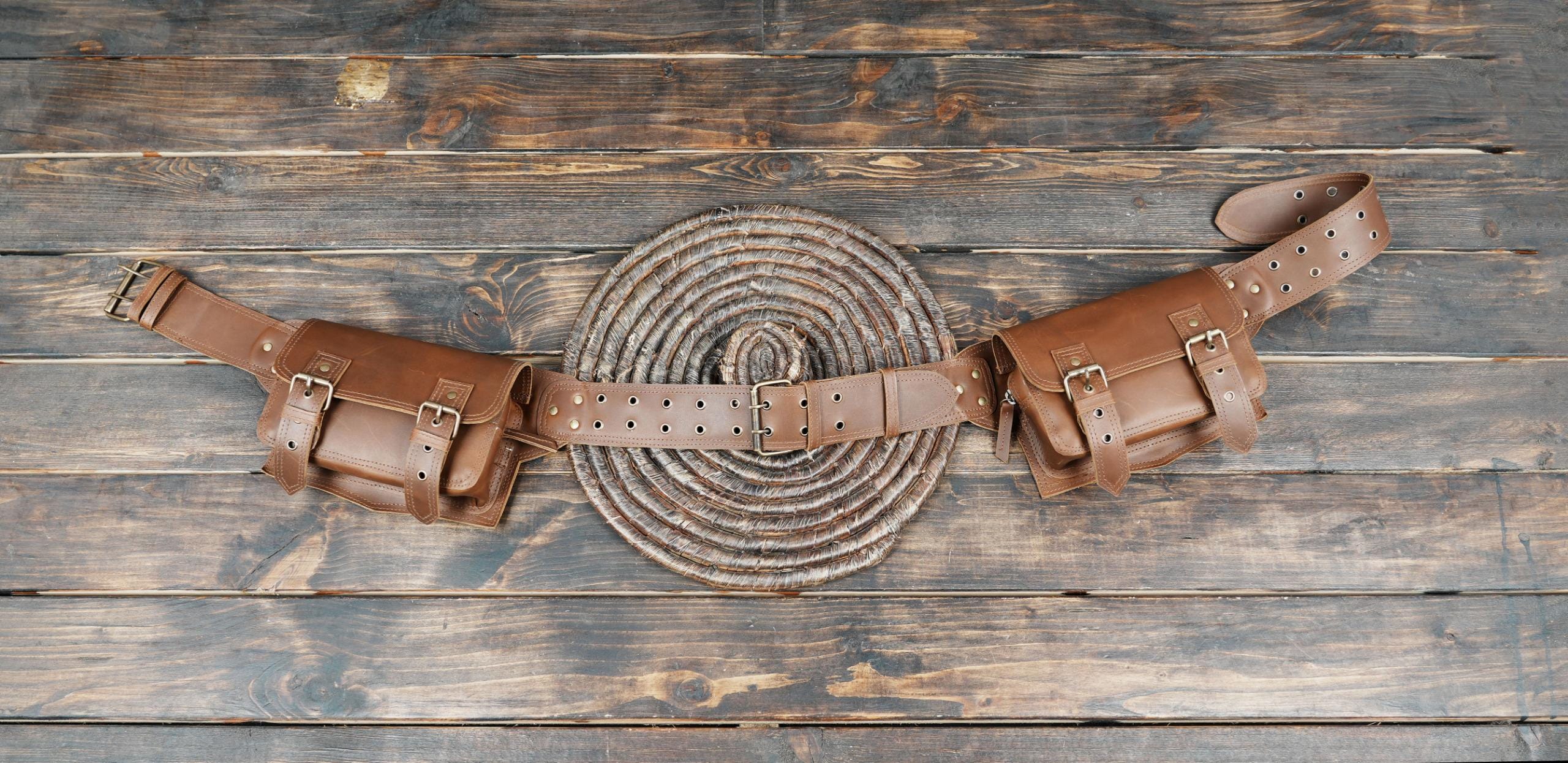 Genuine Leather Utility Belt With Dual Pouches, Adjustable Hip