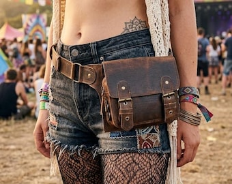 Black Leather Belt Bag with Adjustable Strap and Brass Buckles For Unisex