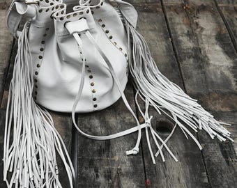 Genuine Leather Fringe Bucket Bag, Boho Drawstring Shoulder Purse, Studded Tassel Bag