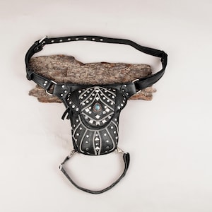 Handmade Genuine Leather Fanny Pack with real gemstone, thigh belt for biker's, Belt Bag, Men's Leather Fanny Pack, Adjustable belt