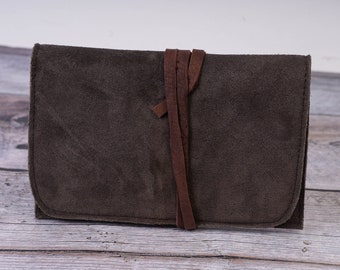 Handmade Genuine Suede Leather Tobacco Pouch – Medium Brown Festival Clutch & Travel Wallet