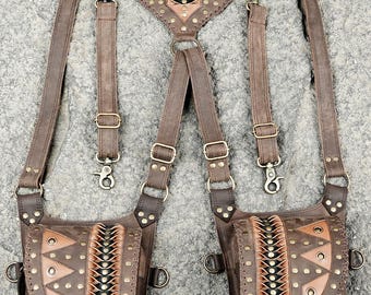 Handmade Leather Harness Holster Bag, Studded Festival Utility Belt Pouch, Adjustable Crossbody Waist Pack