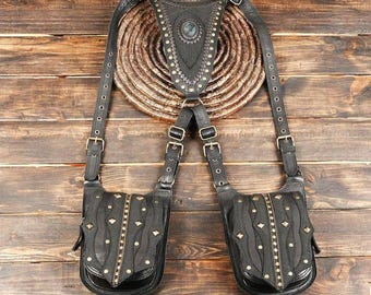 Handmade Black Leather Double Pouch Shoulder Harness Bag, Studded Boho Festival Chest Holster, Adjustable
