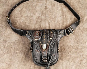 Handmade Gothic Black Leather Hip Bag with Labradorite – Snake Embossed Braided Belt Pouch