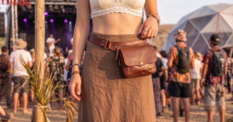 May include: A dark brown leather fanny pack with a rectangular main compartment, a front flap secured by a metal snap button, and an adjustable leather strap worn around the waist over a long brown skirt and a white cropped top.
