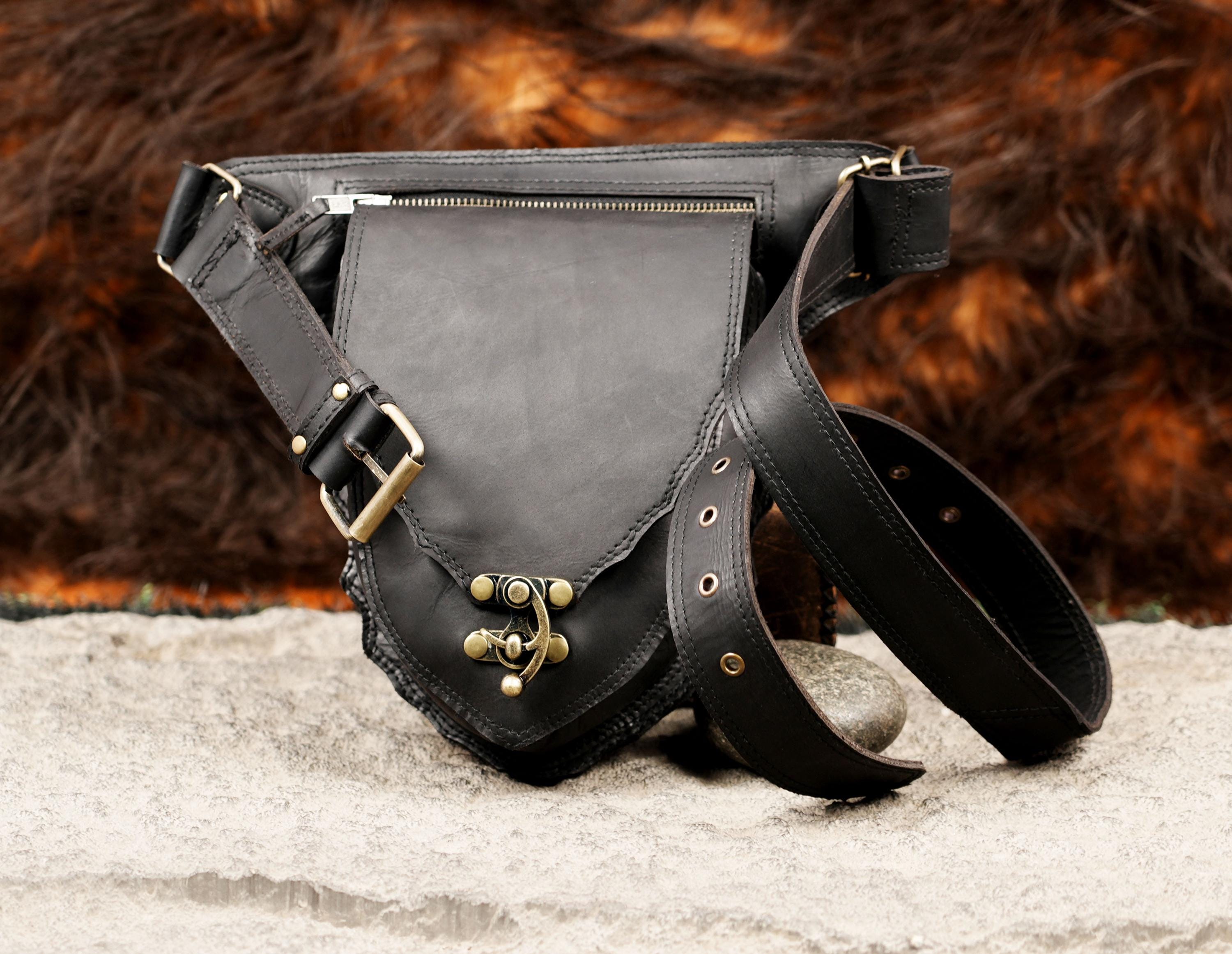 Handmade Black Leather Belt Bag, Gothic Hip Pouch, Festival 