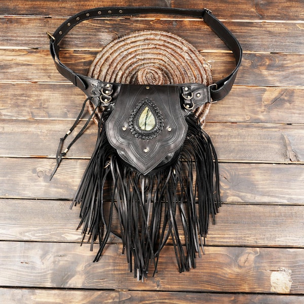 Black Leather Fringe Hip Bag with Labradorite Gemstone – Boho Festival Waist Pack