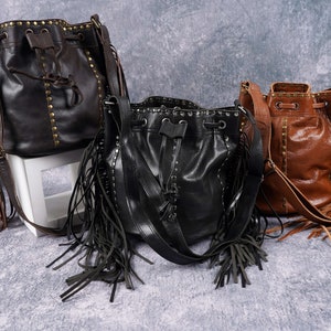 Black Fringe Leather Bucket Bag Crossbody Adjustable Strap Leather Bag Handmade Women Drawstring Bag Handbag Purse Leather Bag For Gift Item image 10