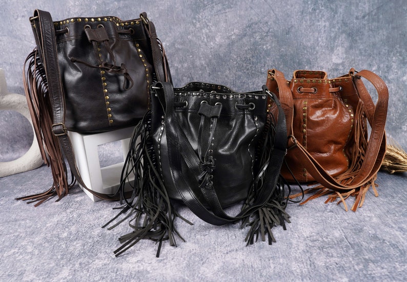 Black Fringe Leather Bucket Bag Crossbody Adjustable Strap Leather Bag Handmade Women Drawstring Bag Handbag Purse Leather Bag For Gift Item image 10