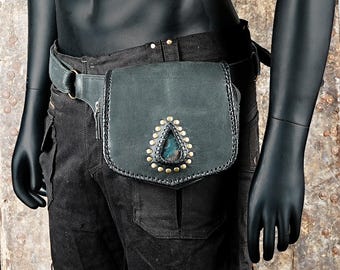 Handmade Black Leather Belt Bag: Gemstone Fanny Pack, Tribal Boho Style