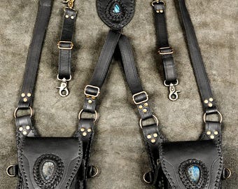 Leather Holster Bag, Festival Belt, Pocket Holster, Steampunk Accessories, Utility Holster Bag, Burning Man holster with Labradorite