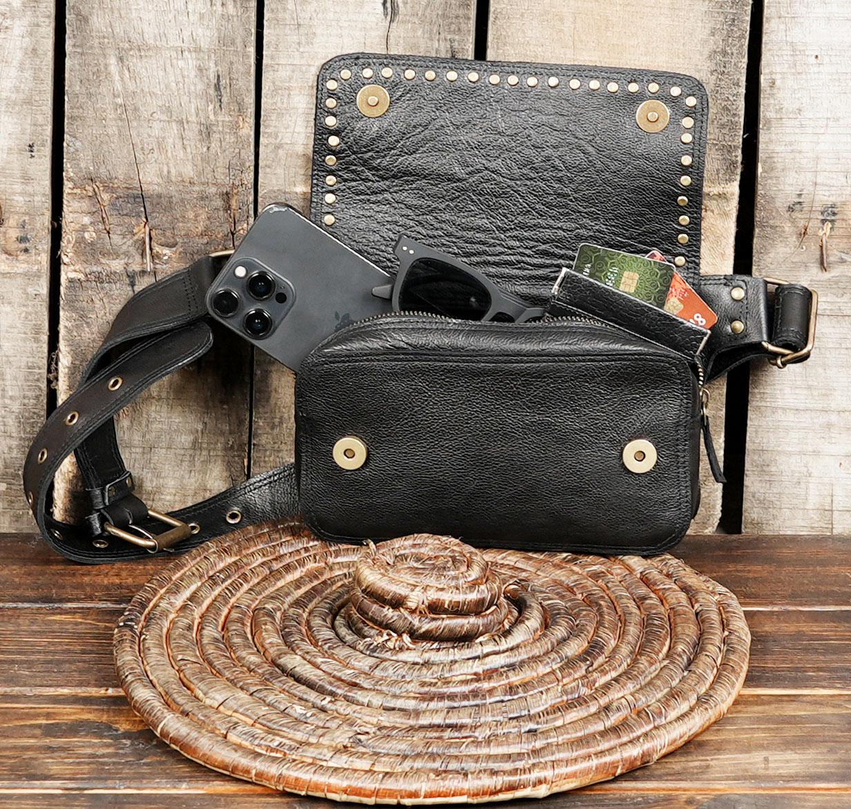 Handmade Black Leather Studded Waist Bag: Unisex Festival 