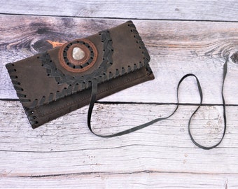 Handmade Leather Tobacco Pouch Laced Round with Gemstone and Wrap Tie