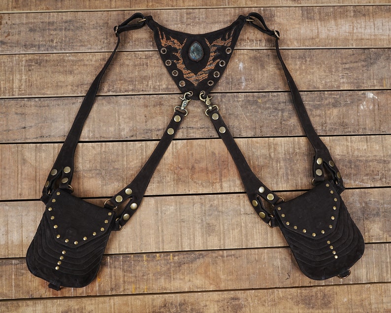 Handmade Black Leather Stylish Holster Belt Bag Festival Fanny Pack Leather Waist Bag Utility Belt Pouch, Personalized for Men/Women Black zdjęcie 2