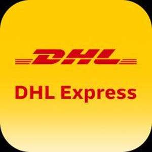 May include: A yellow square logo with the red text "DHL" above "DHL Express". The logo features a stylized red text with horizontal lines on either side.