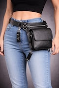 Black Leather Waist Thigh Belt Bag with Adjustable Strap and Silver Hardware