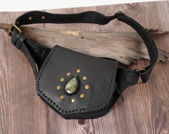Handmade Leather Waist Bag with Ajustable Bag, Single Side Gemstone Belt Pouch For Women and Girls, Gift For Women