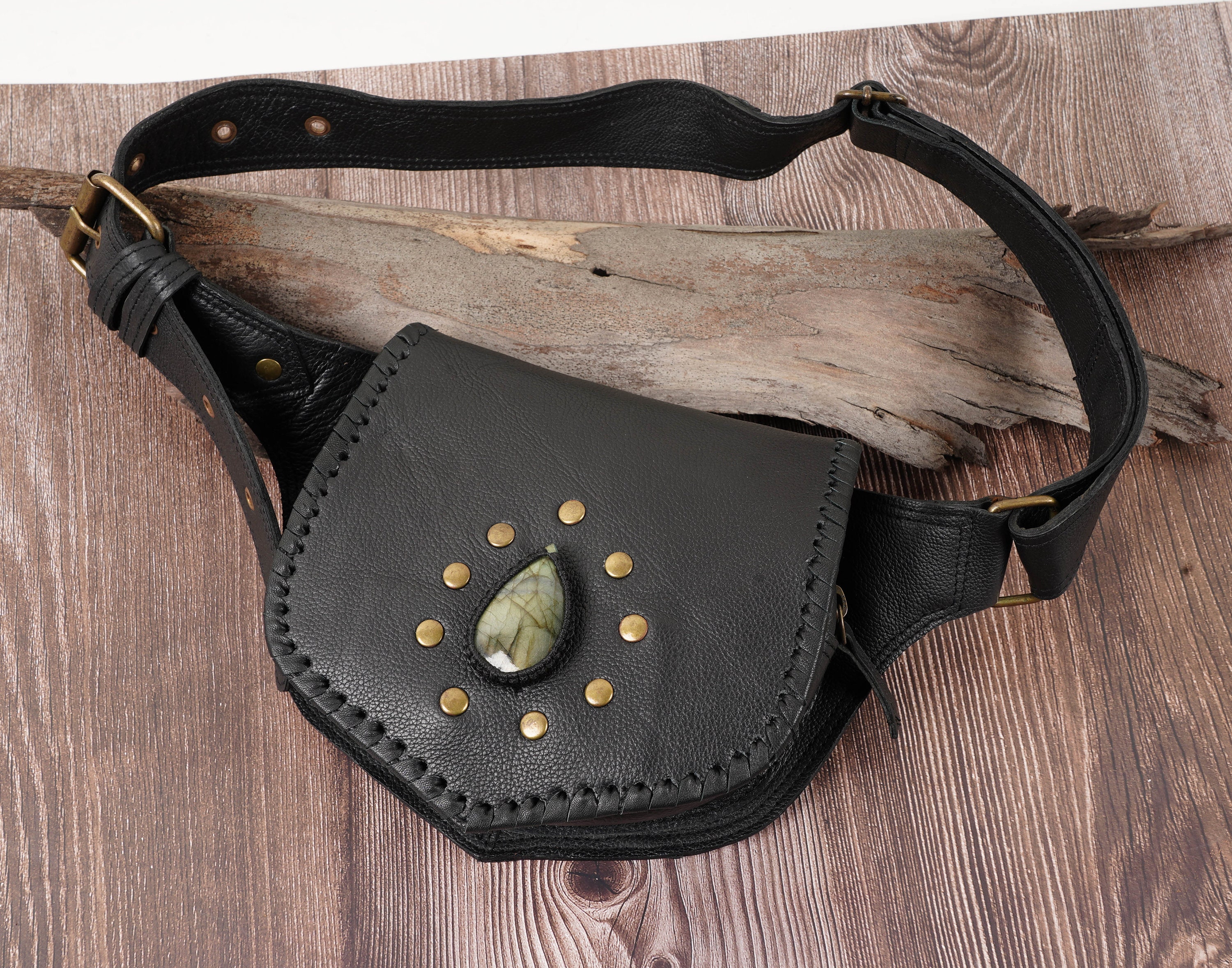 Leather Festival Utility Belt -Hip Bag -Pocket belt with LABRADORITE stone