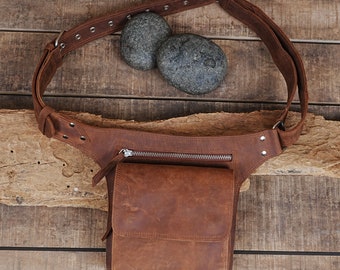 Handmade Leather Waist Bag with Adjustable Belt, Festival Fanny Pack, Leather Hip Bag, Gift for her