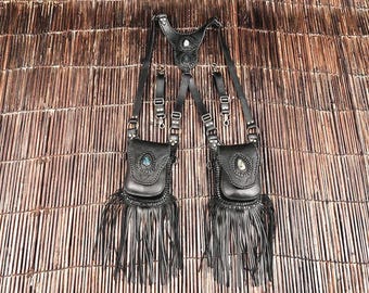 Handmade Black Leather Double Pouch Bag with Labradorite Stone, Fringe, Studded Harness Style