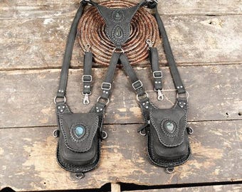 Black Leather Shoulder Holster Bag Teardrop Labradorite Double Pouch Braided Detail Antique Brass Unisex