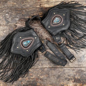Leather Waist Belt with Labradorite Gemstone and Decorative Frills.