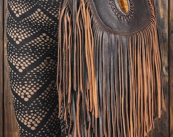 Leather Fringe Hip Bag, Boho Festival Belt Pouch with Tiger Eye Stone
