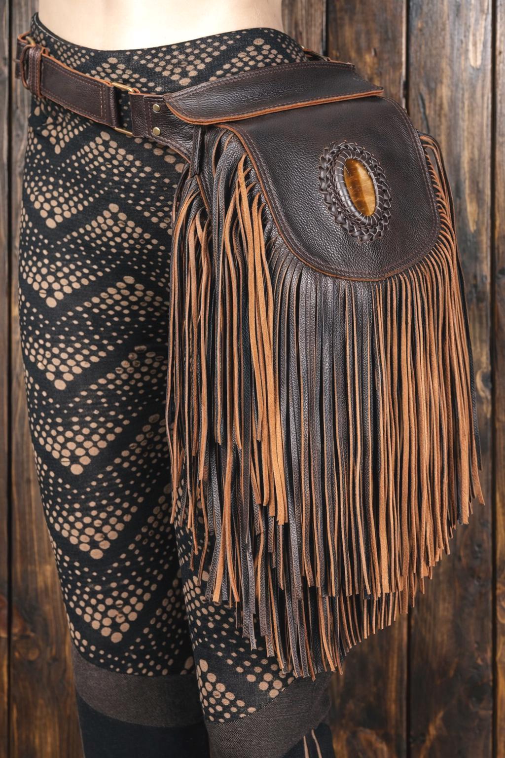 Leather Fringe Hip Bag, Boho Festival Belt Pouch With Tiger  display picture 3