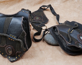 Black Leather Double Holster Harness Bag with Labradorite Stone, Handmade Festival Utility Belt, Shoulder