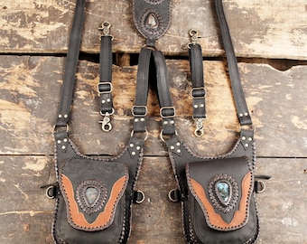 Leather Holster Bag, Festival Belt, Pocket Holster, Steampunk Accessories, Utility Holster Bag, Burning Man holster with Labradorite