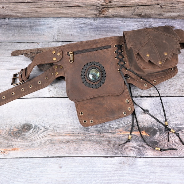 Handmade Brown Leather Waist Bag with gemstone, Belt pouch, Hip bag with adjustable belt for Women and Girls