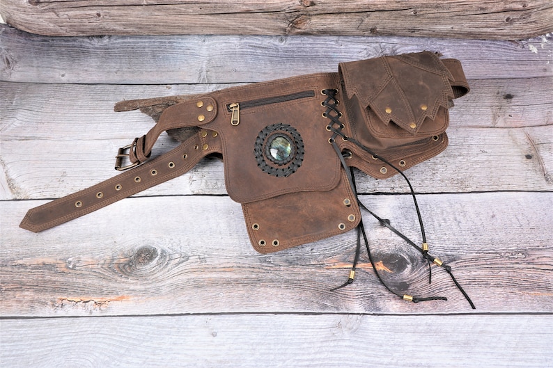 Handmade Brown Leather Waist Bag with gemstone, Belt pouch, Hip bag with adjustable belt for Women and Girls dark brown