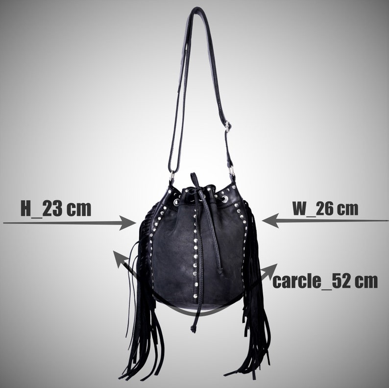 Black Fringe Leather Bucket Bag Crossbody Adjustable Strap Leather Bag Handmade Women Drawstring Bag Handbag Purse Leather Bag For Gift Item image 9