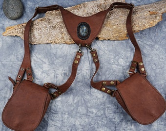 leather Shoulder Holsters Bag, with real labradorite gems stone, Leather Festival Bag, Phone Holsters