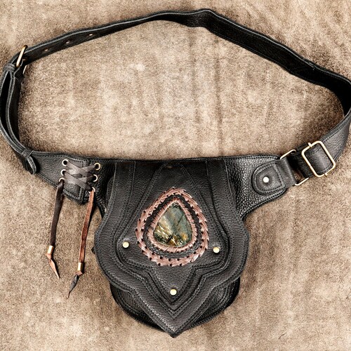 Bohemian style leather belt || Unisex leather belt || Stylish waist belt with gemstone || Festival leather waist bag for unisex ||