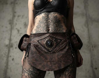 Handmade Brown Leather Waist Skirt with Twin Bag Gemstone Studded Boho Tribal Hip Belt