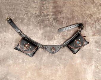 Handmade Leather Waist Bag with white labradorite gemstone, Festival Fanny Pack, Leather Hip Bag, Unisex bag,