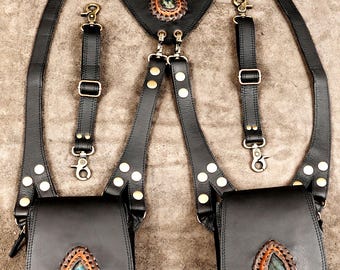 Handmade Leather Holster Bag, Labradorite Teardrop Twin Pouch, Boho Festival & Travel Bag
