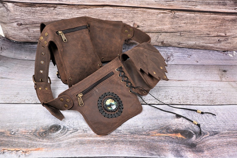 Handmade Brown Leather Waist Bag with gemstone, Belt pouch, Hip bag with adjustable belt for Women and Girls image 3