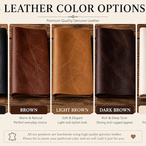 Leather color options chart featuring black, brown, light brown, dark brown, and white genuine leather swatches for custom leather product selection.