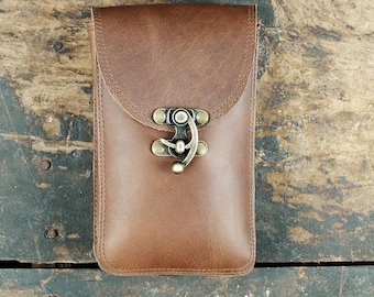 Handmade Brown Leather Phone Pouch Antique Brass Clasp Unisex Belt Case