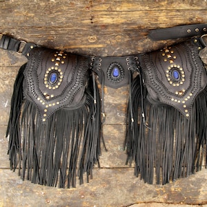 Leather Waist Belt with Labradorite Gemstone and Decorative Frills.