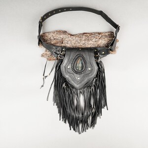 Handmade Black leather Waist Bag with tassels Adjustable belt, Pouch, Hip Bag, Festival fanny bag For unisex